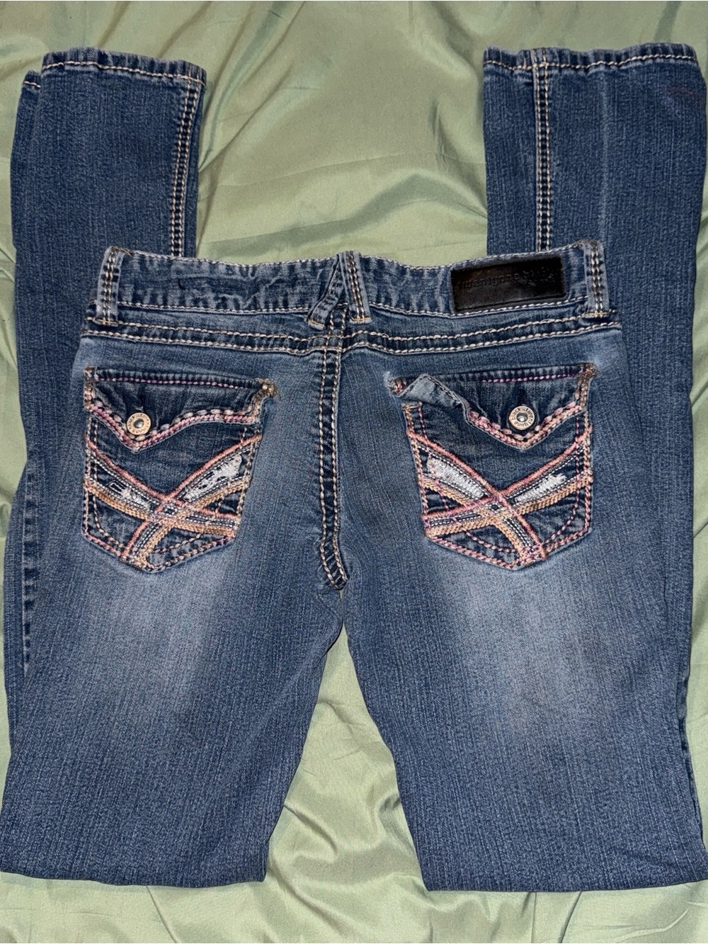 Rue21 Women's Dark Blue Skinny Jeans with Pink Embroidered Back Pockets